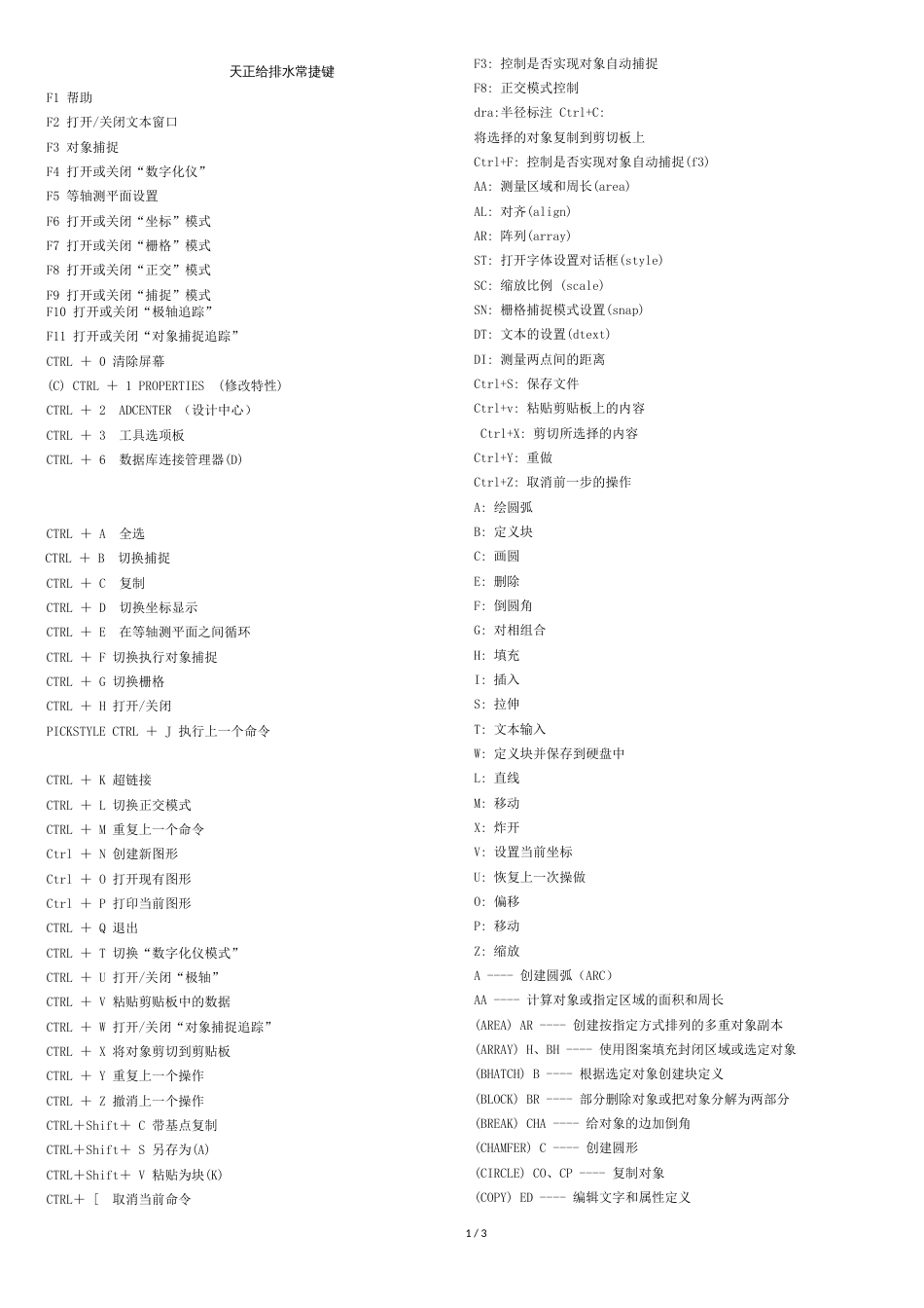 天正给排水常用快捷键_第1页