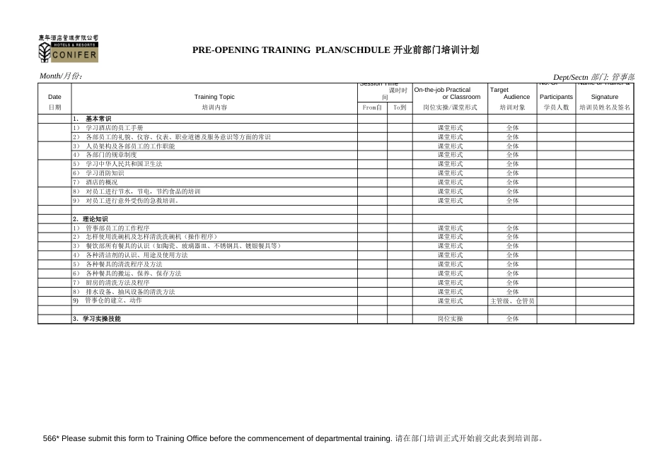 康年酒店餐饮管理开业前部门培训计划TRAINING_第1页
