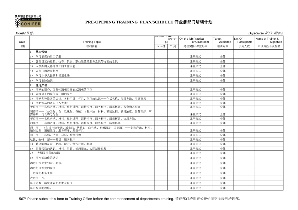 康年酒店餐饮管理开业前部门培训计划TRAINING_第2页