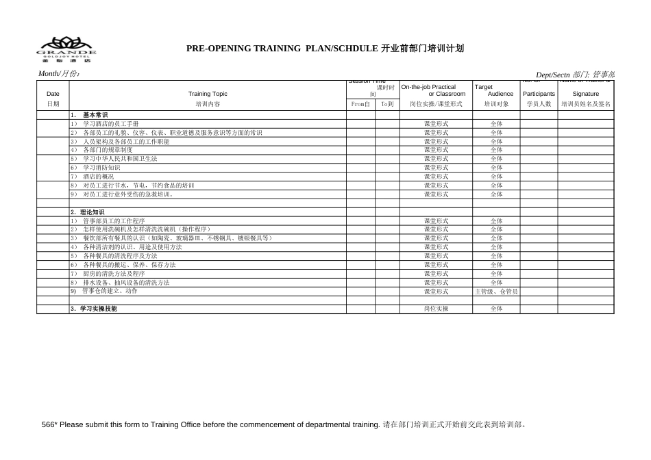 康年酒店餐饮管理开业前部门培训计划TRAINING1_第1页