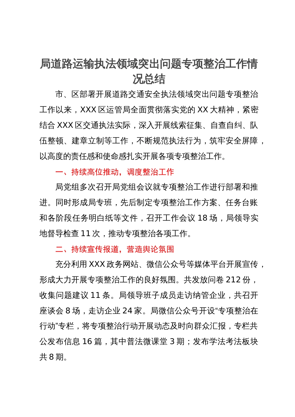 局道路运输执法领域突出问题专项整治工作情况总结_第1页