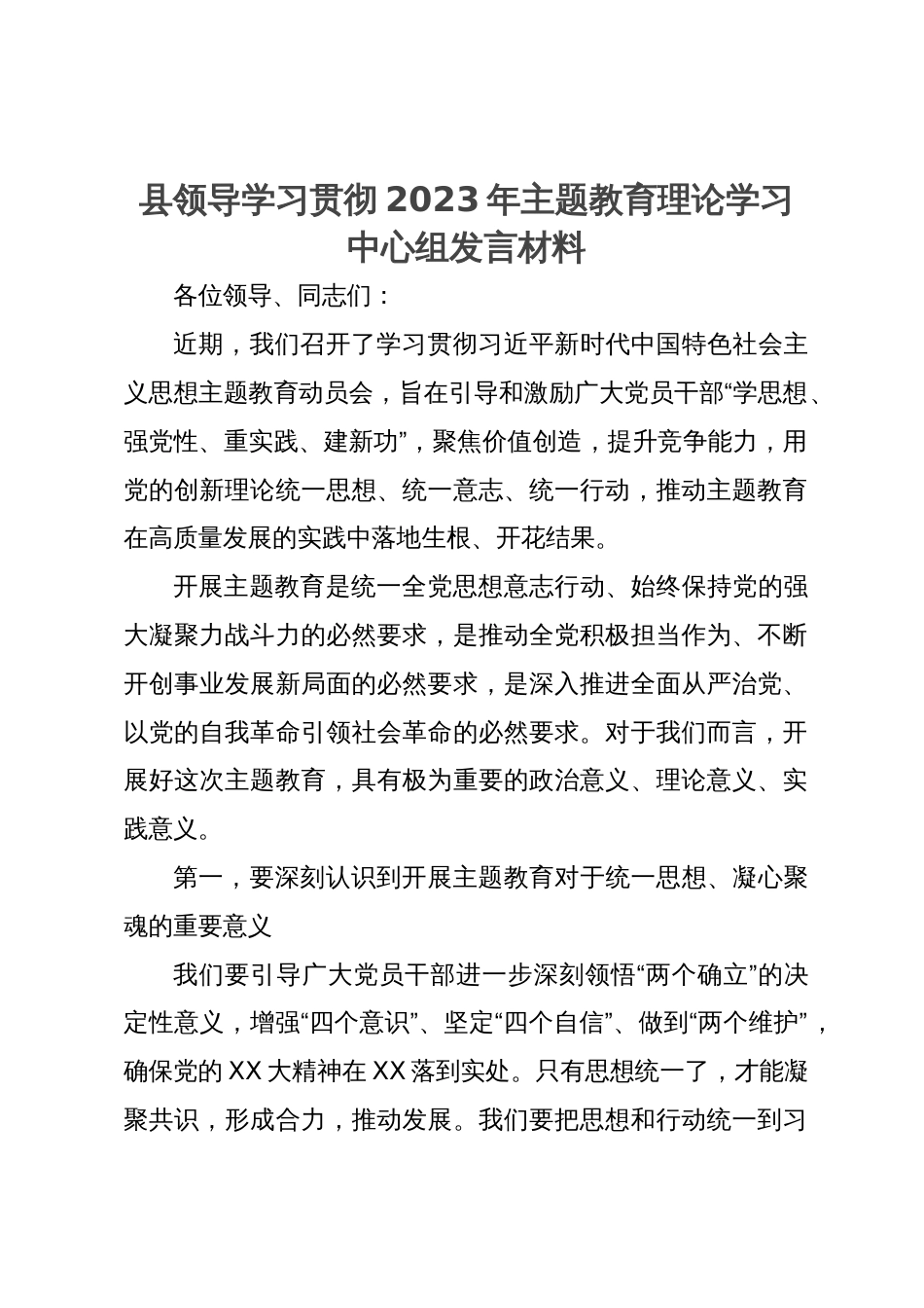 县领导干部2023年主题教育理论学习中心组发言材料_第1页