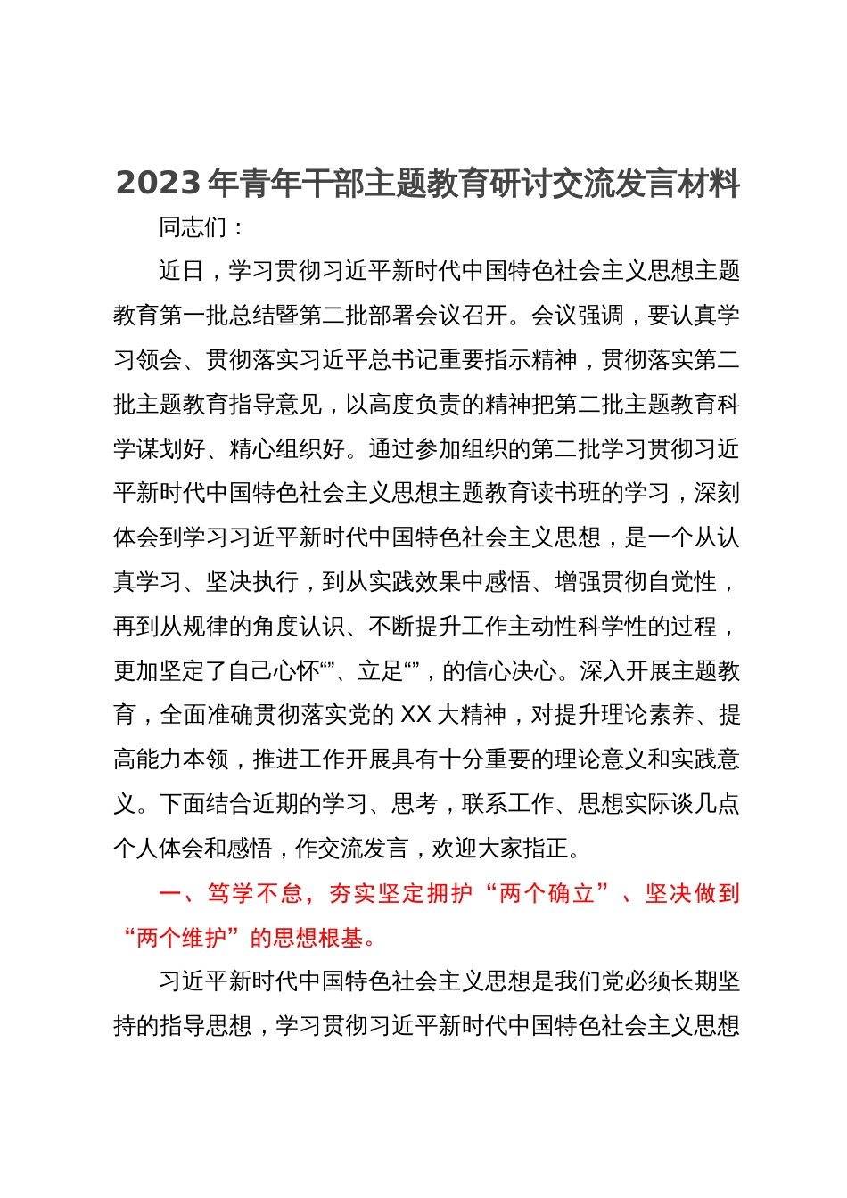 2023年青年干部主题教育研讨交流发言材料_第1页