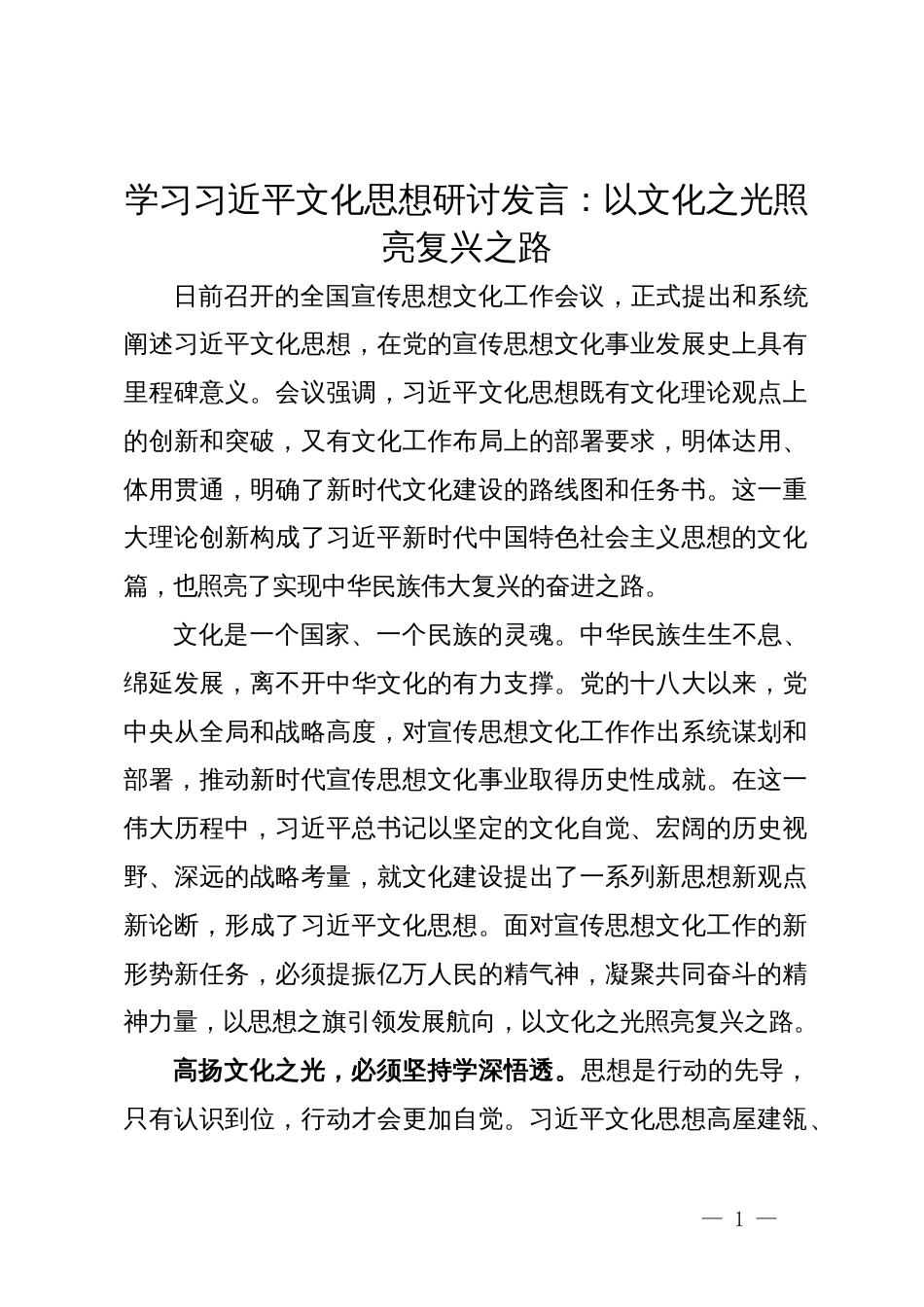 学习习近平文化思想研讨发言：以文化之光照亮复兴之路_第1页