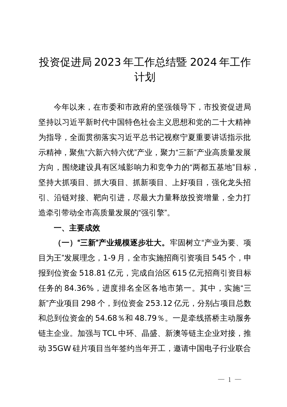 市投资促进局2023年工作总结暨 2024年工作计划_第1页