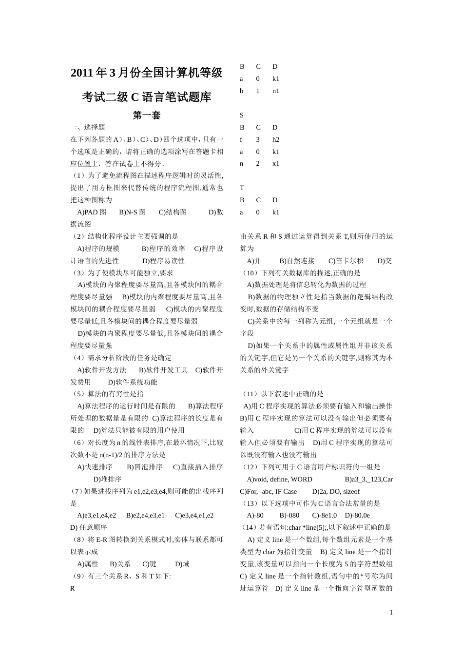 2011年3月全国计算机二级c语言笔试加机试100套_第1页