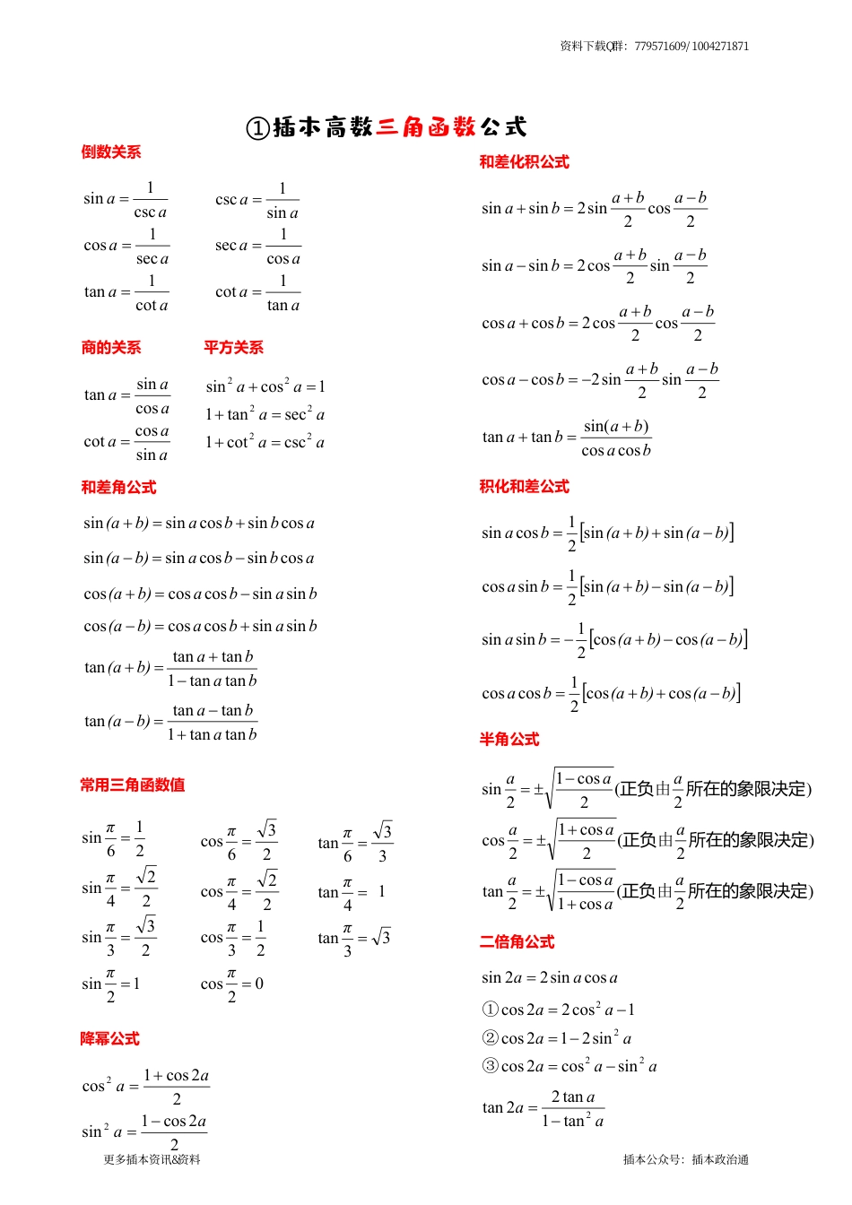 插本高数三角函数&求导积分公式_第1页