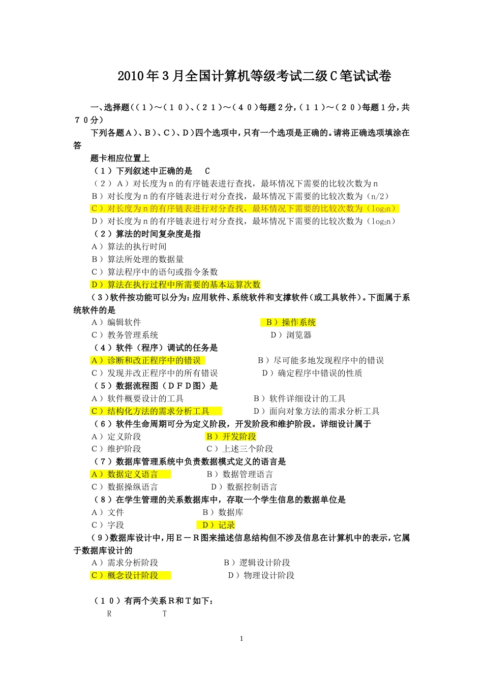 国家计算机二级c语言2010-2012年试题_第1页