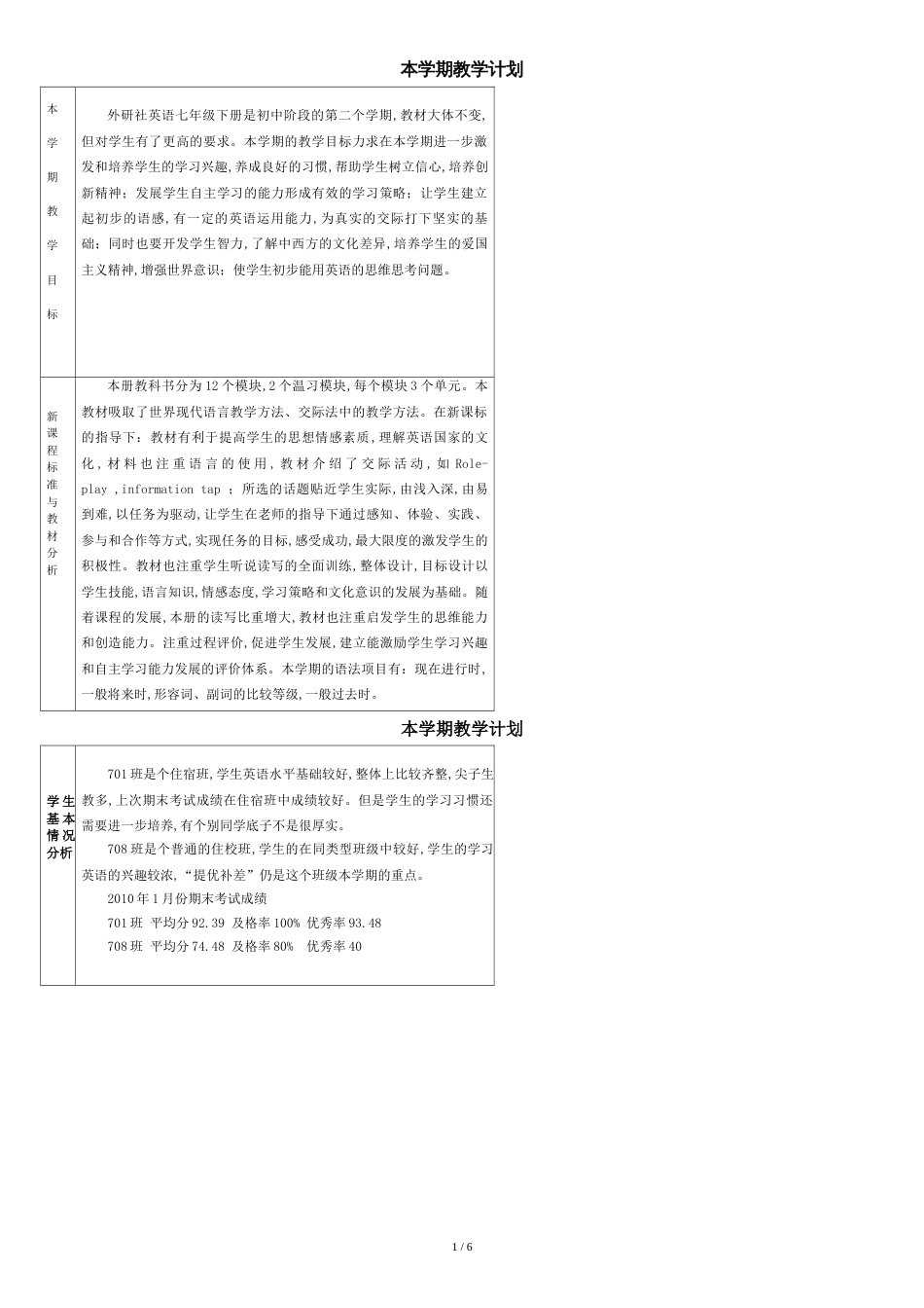 外研版七年级下英语七下英语-教学计划_第1页