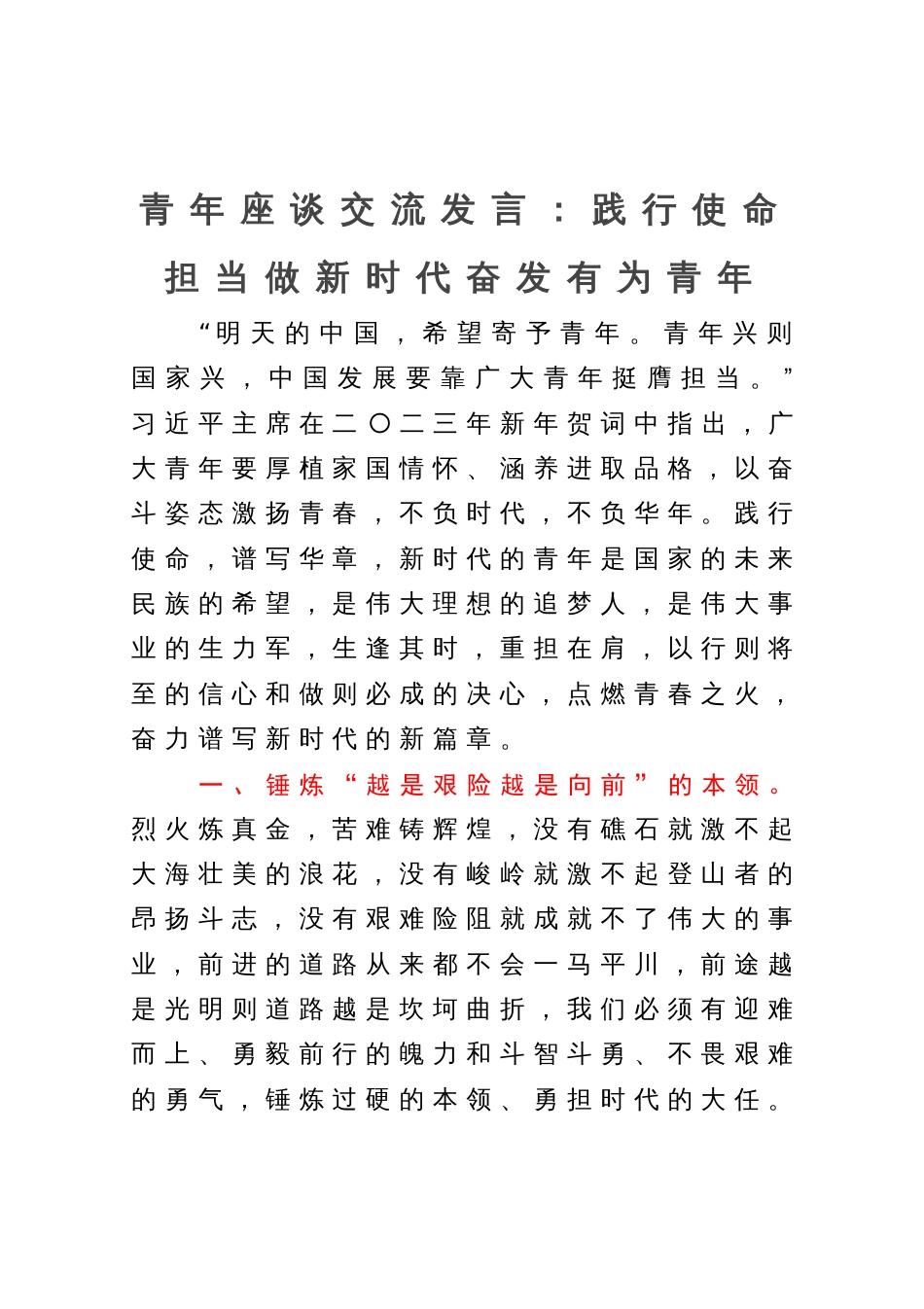 青年座谈交流发言：践行使命担当做新时代奋发有为青年_第1页