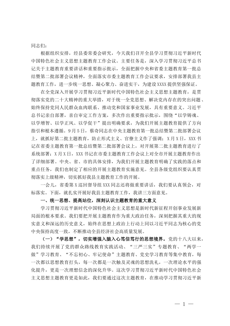 在全县学习贯彻2023年主题教育工作会议上的讲话_第1页