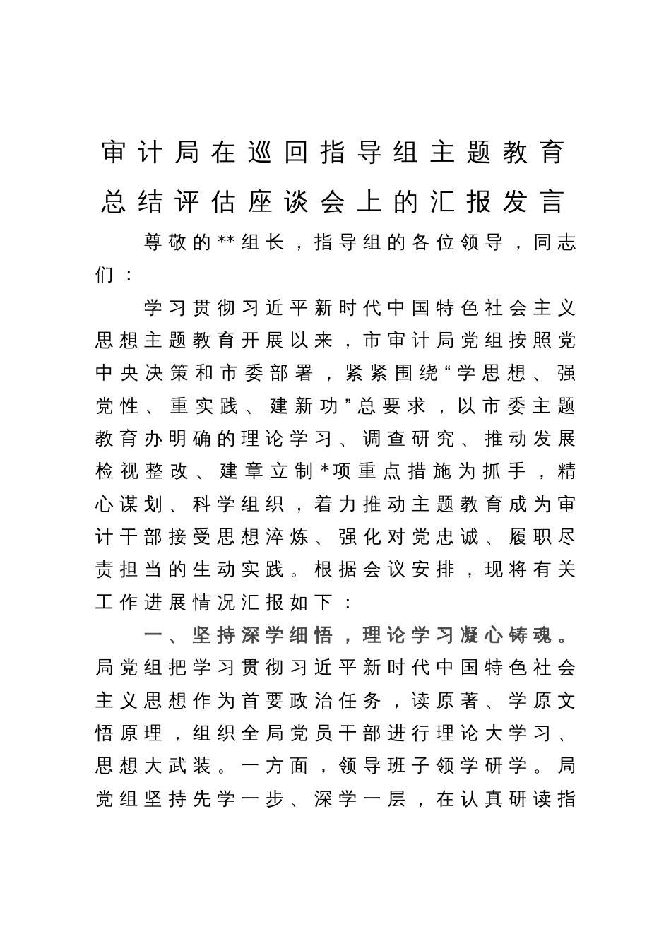 审计局在巡回指导组主题教育总结评估座谈会上的汇报发言_第1页