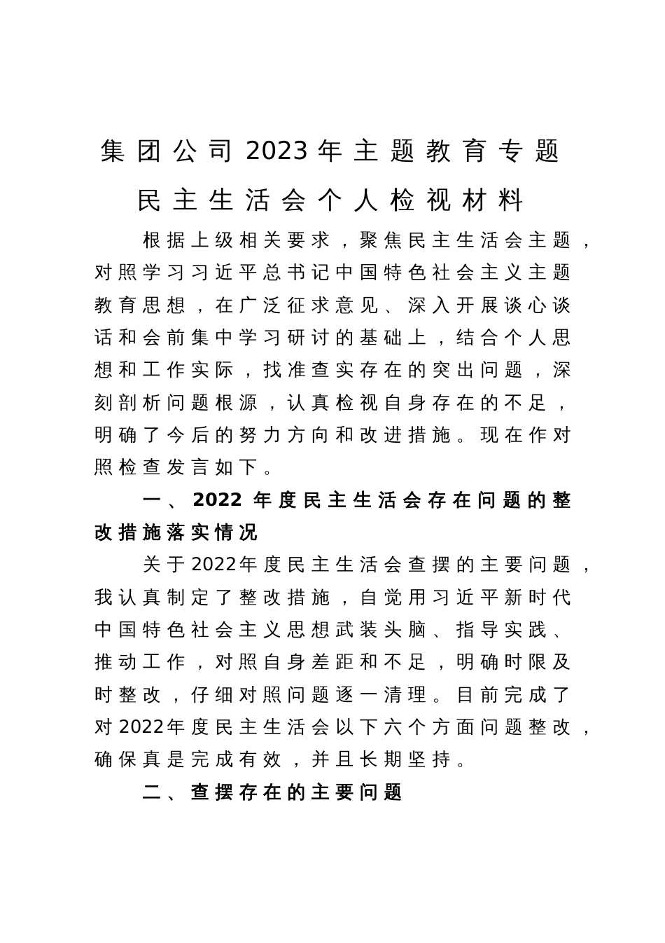 集团公司2023年主题教育专题民主生活会个人检视材料_第1页