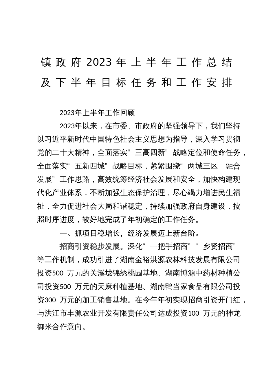 镇政府2023年上半年工作总结及下半年目标任务和工作安排_第1页