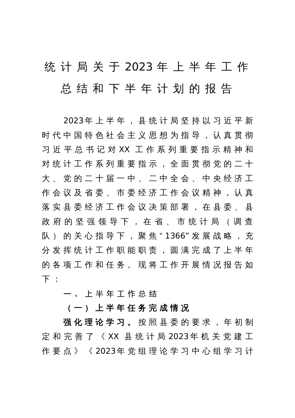 统计局关于2023年上半年工作总结和下半年计划的报告_第1页