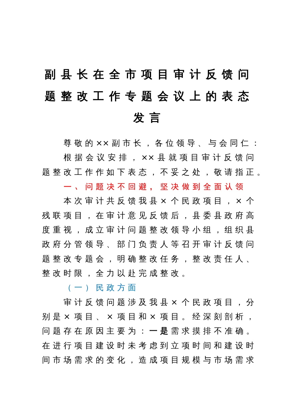 副县长在全市项目审计反馈问题整改工作专题会议上的表态发言_第1页