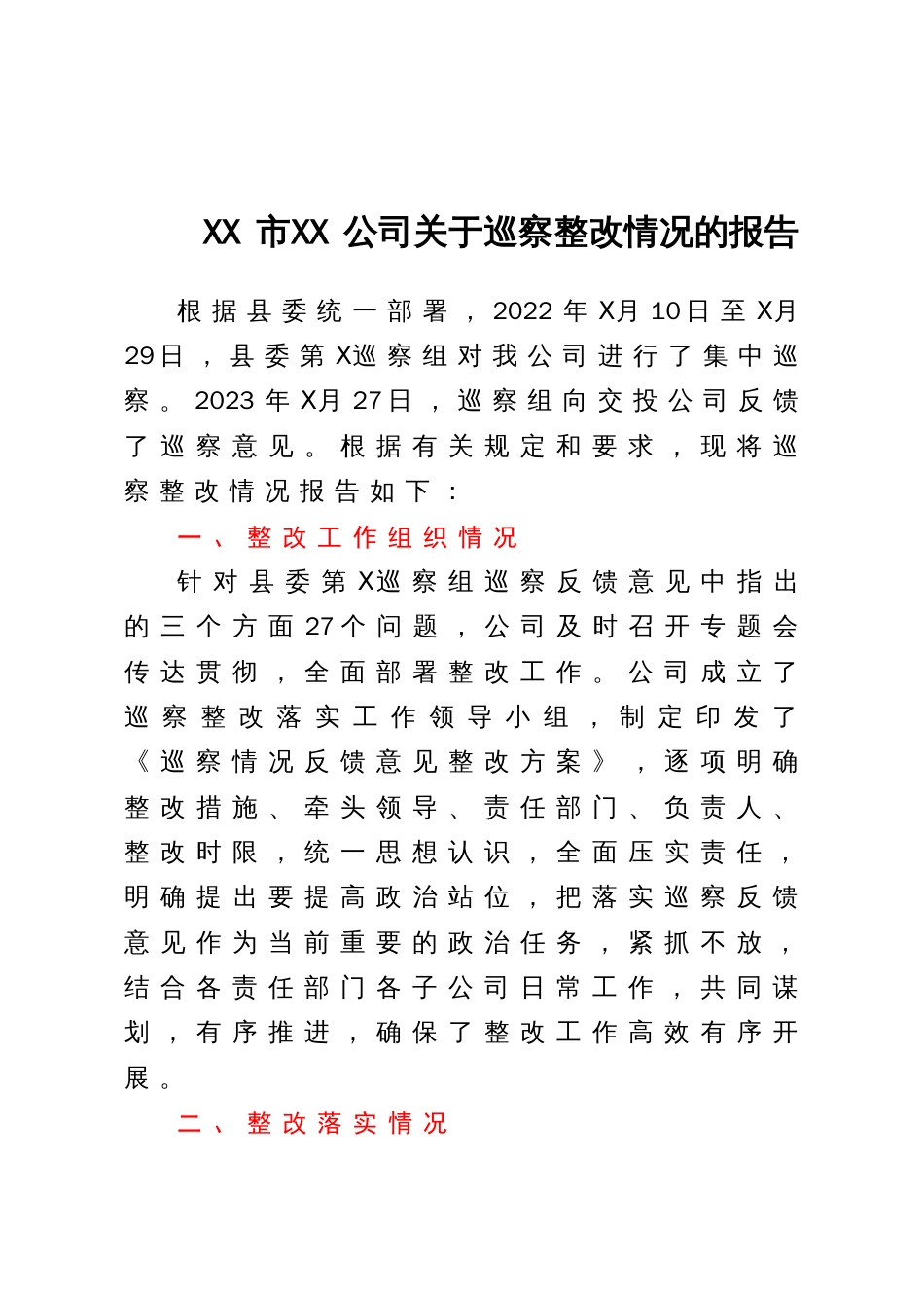 XX市XX公司关于巡察整改情况的报告_第1页