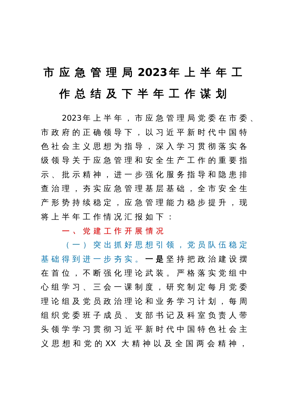 市应急管理局2023年上半年工作总结及下半年工作谋划_第1页