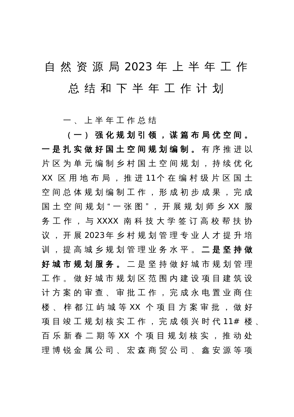 自然资源局2023年上半年工作总结和下半年工作计划_第1页