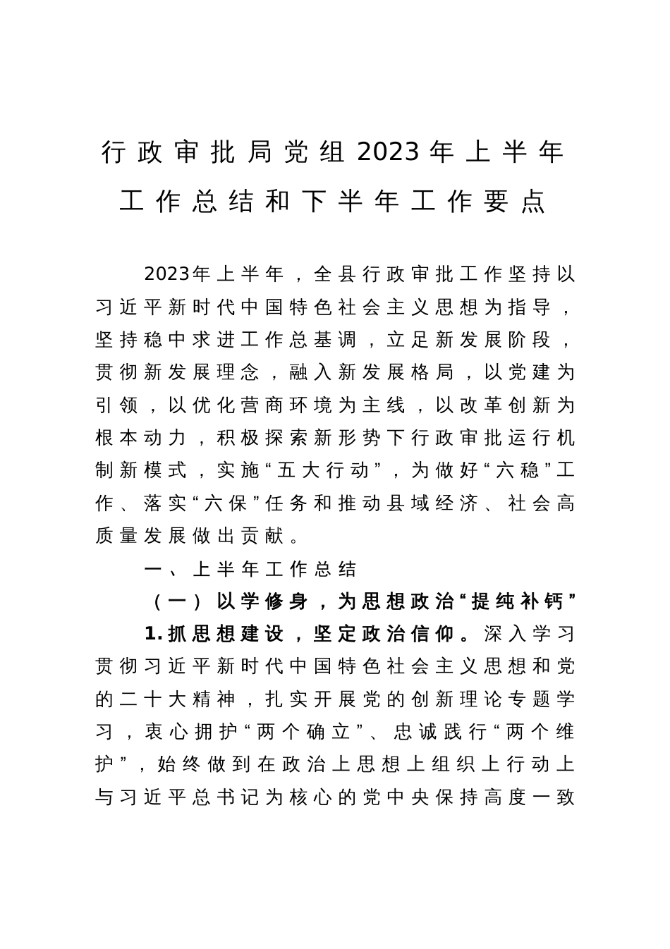 行政审批局2023年上半年工作总结及下半年工作要点_第1页