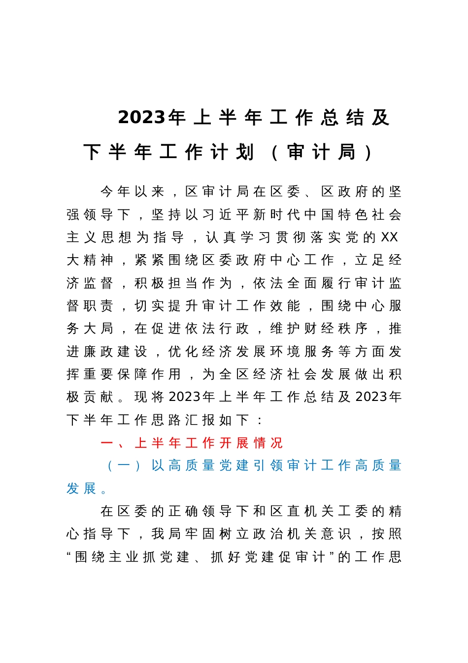 2023年上半年工作总结及下半年工作计划（审计局）_第1页