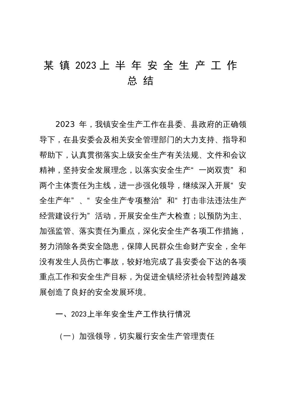 某镇2023上半年安全生产工作总结_第1页