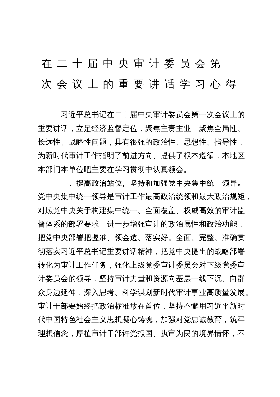 关于二十届中央审计委员会第一次会议上的重要讲话学习心得_第1页