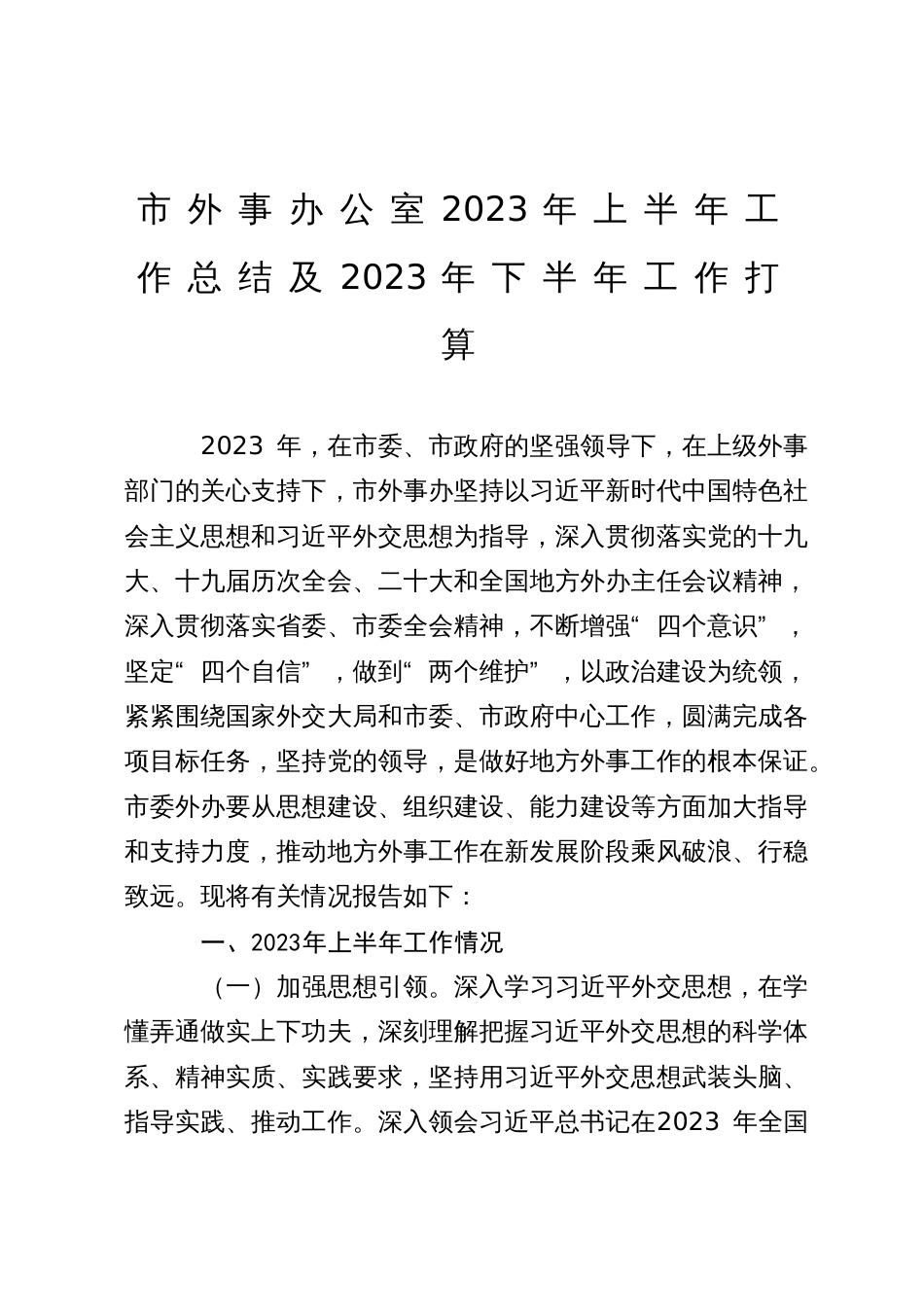 市外事办公室2023年上半年工作总结及2023年下半年工作打算_第1页