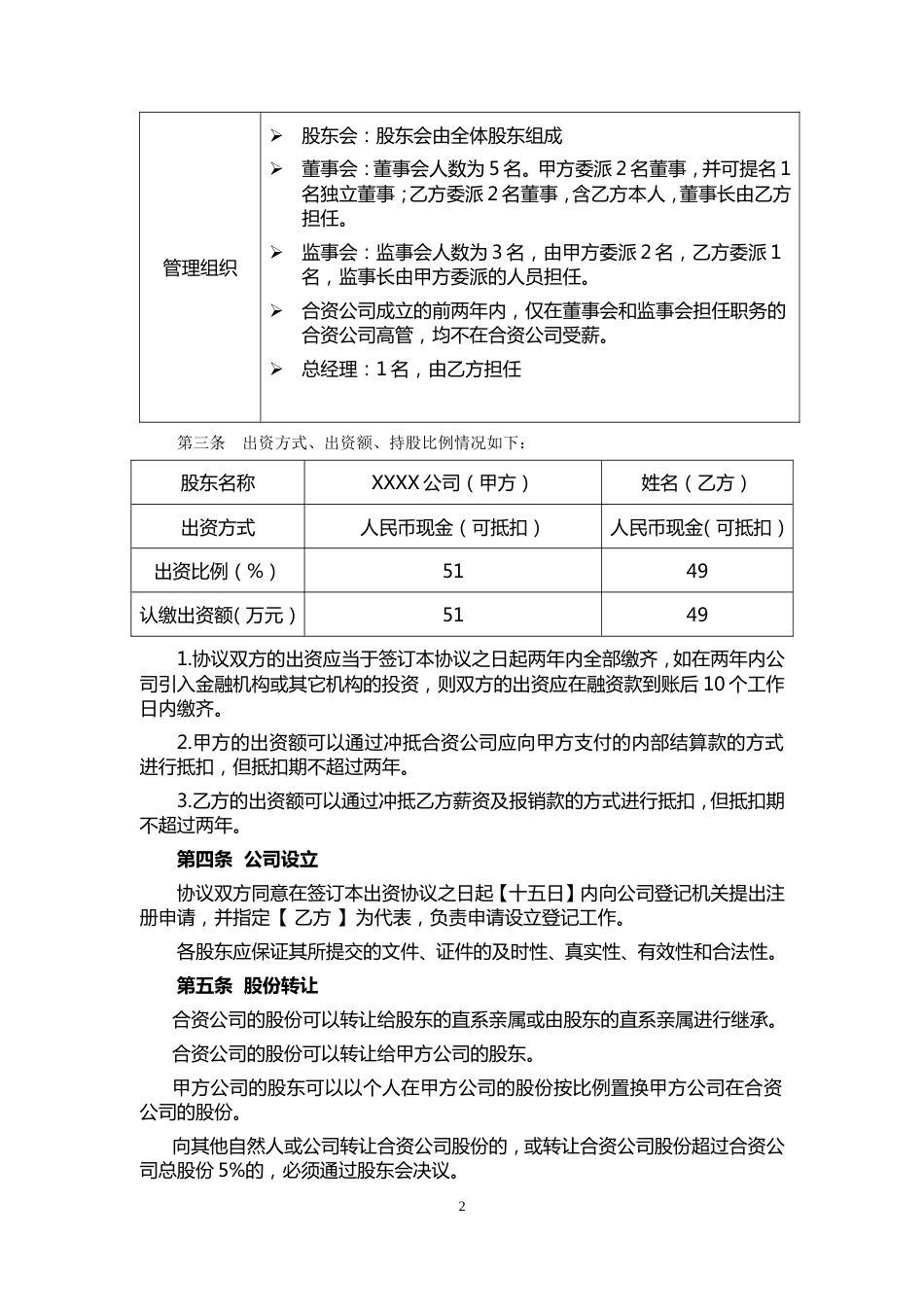 公司与个人合伙成立公司股东协议(共5页)_第2页