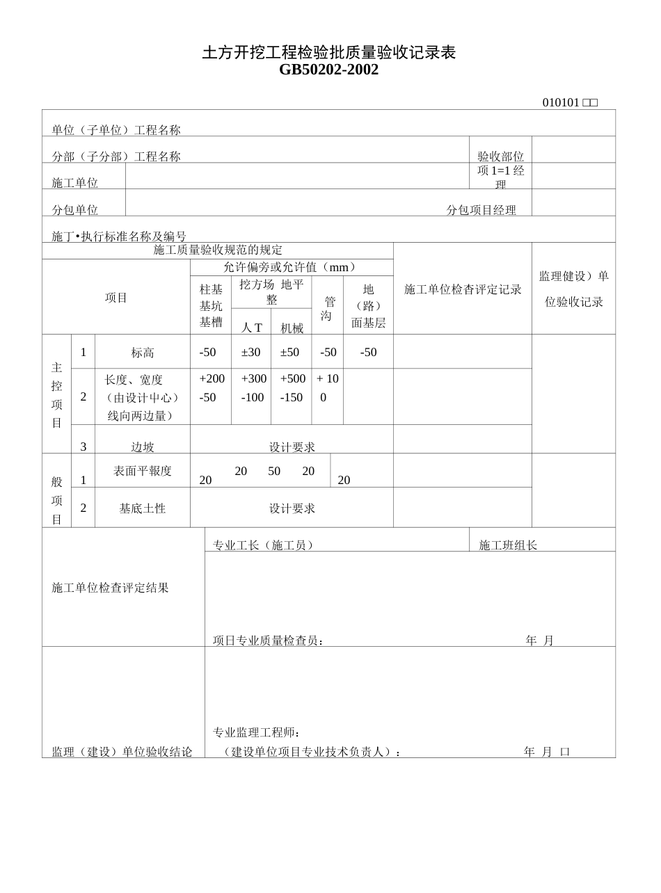 土方开挖工程检验批质量验收记录表GB502022002_第1页