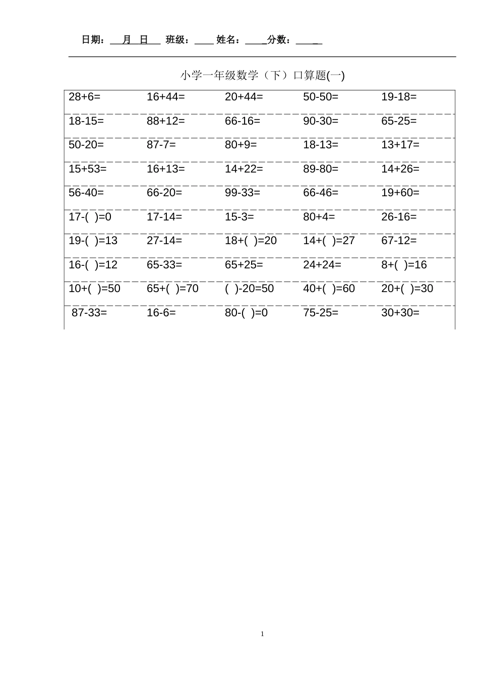 (最新)小学一年级下册数学口算题卡及口算天天练精品汇集100以内和20以内加减_第1页