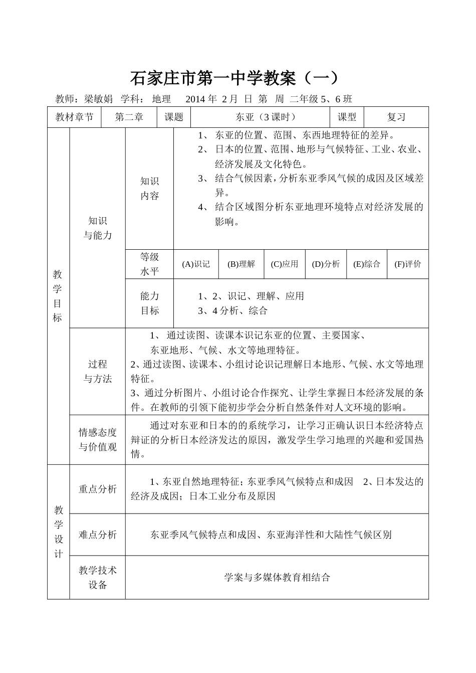 高二级区域地理复习《东亚》教案_第1页