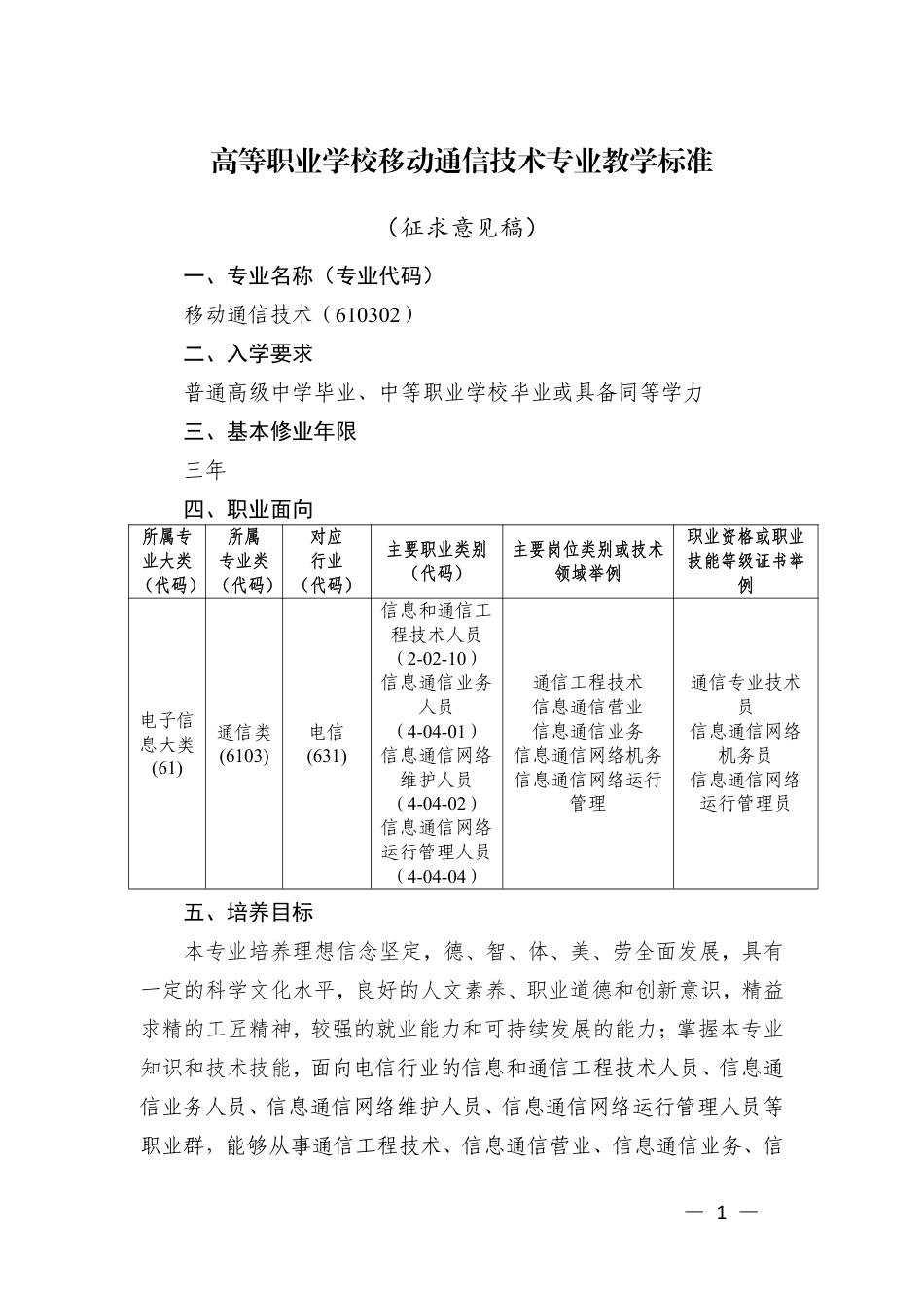 高职移动通信技术专业教学标准征求意见稿_第1页