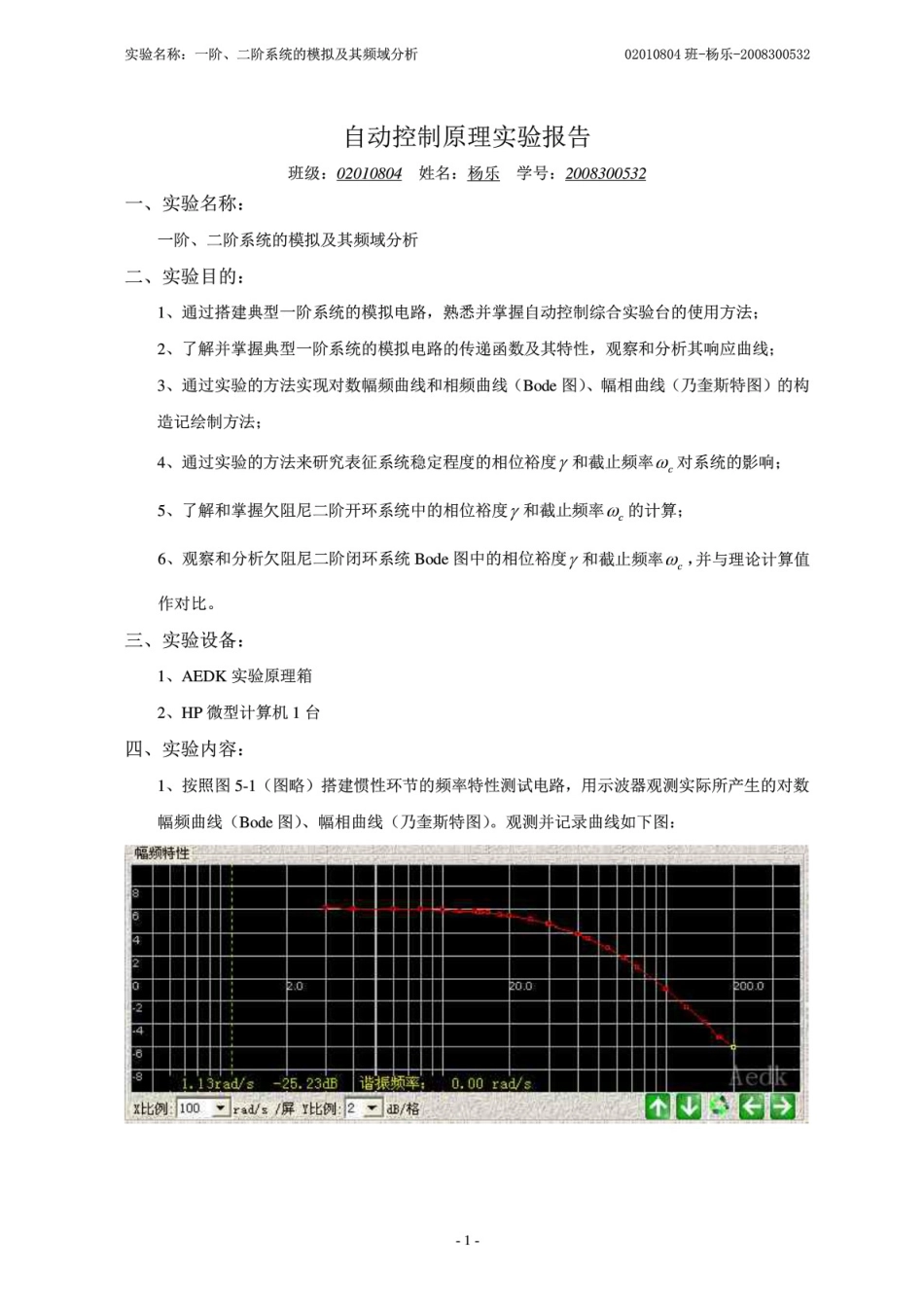 一阶、二阶系统的模拟及其频域分析_第1页