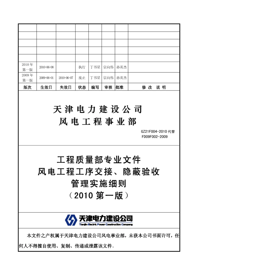 风电工程工序交接、隐蔽工程验收管理实施细则2010第一版_第1页