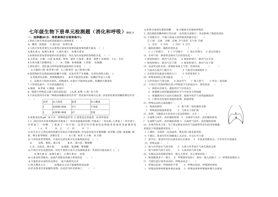 (消化系统和呼吸系统)七年级下学期期中考试生物试题济南版_第1页