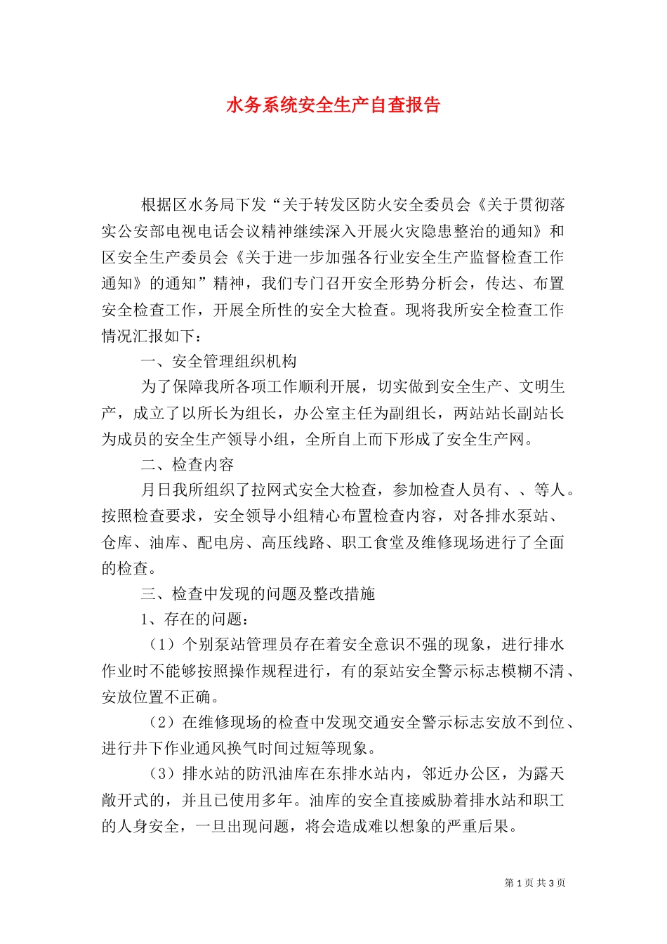 水务系统安全生产自查报告（一）_第1页