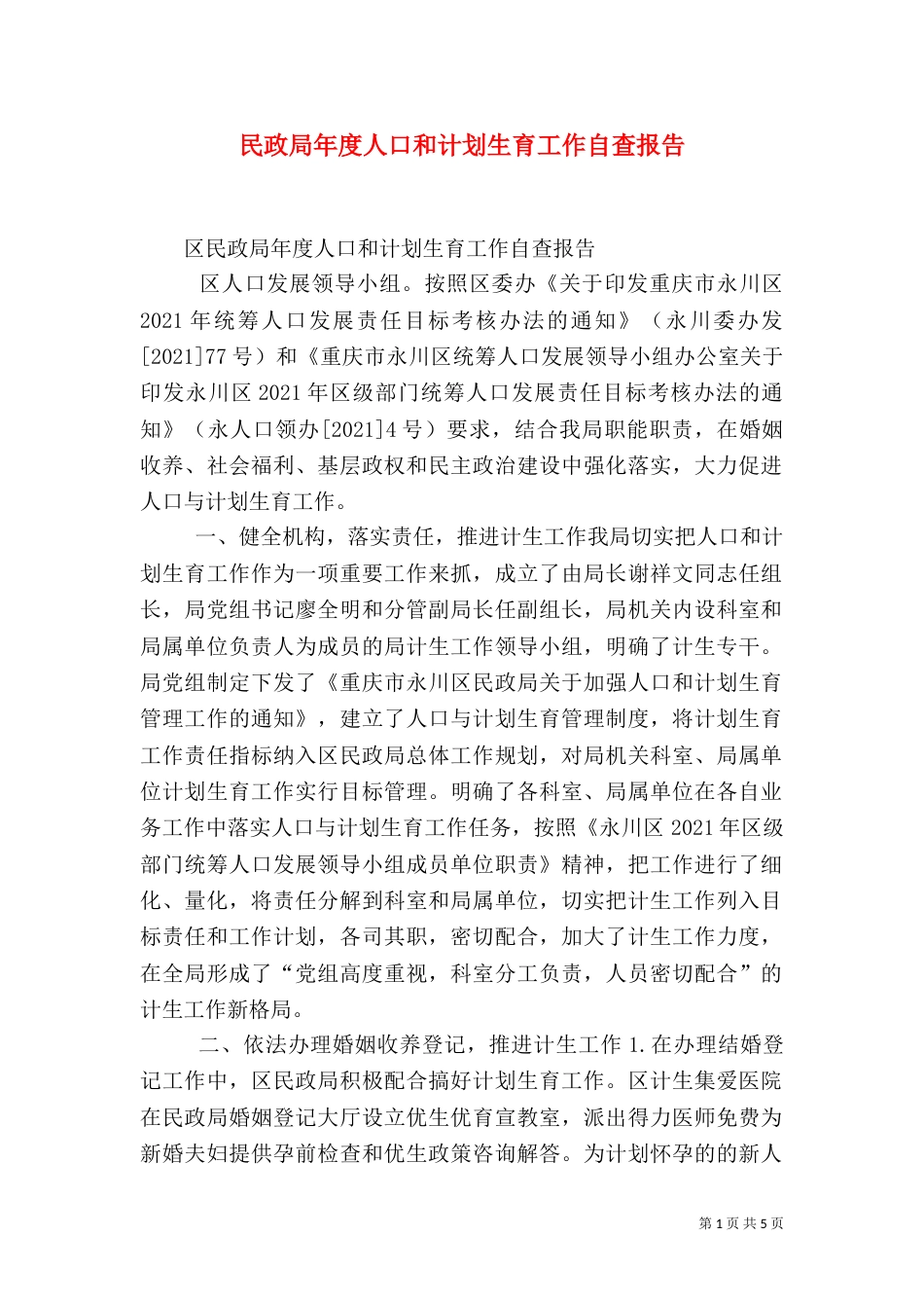 民政局年度人口和计划生育工作自查报告_第1页