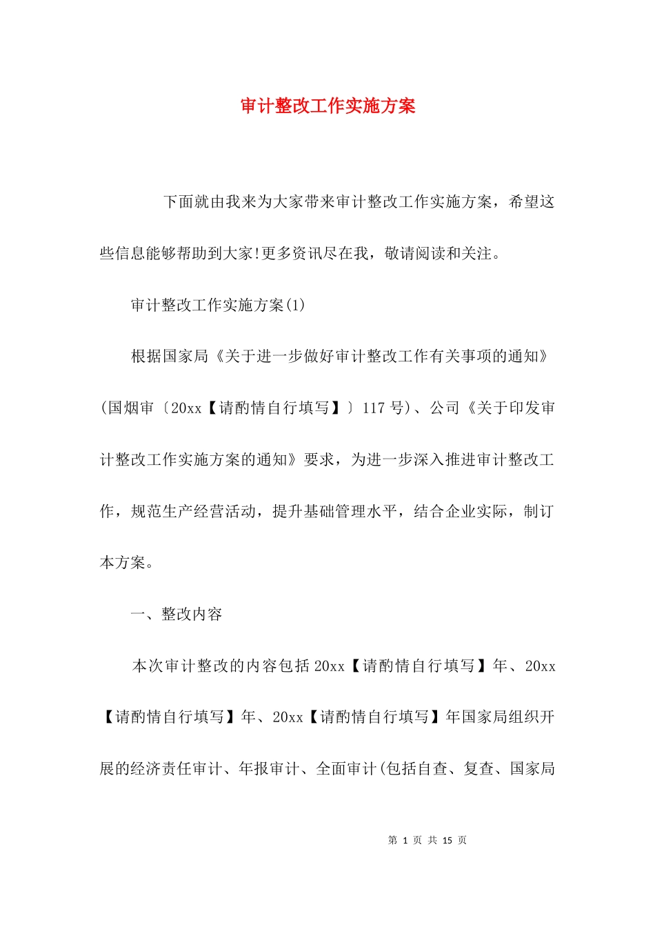 （精选）审计整改工作实施方案_第1页