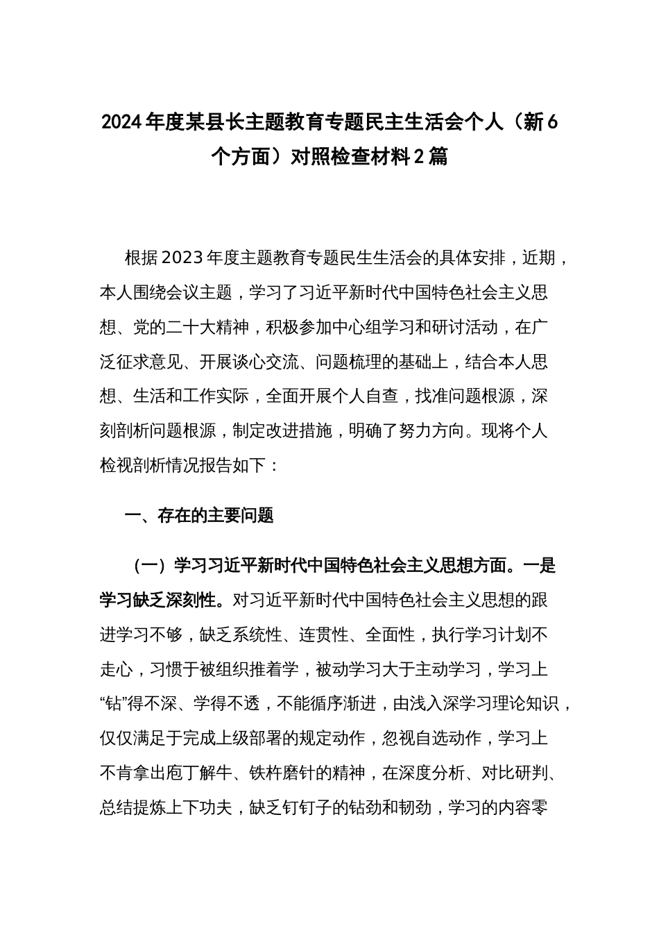 2024年度某县长主题教育专题民主生活会个人（新6个方面）对照检查材料2篇_第1页