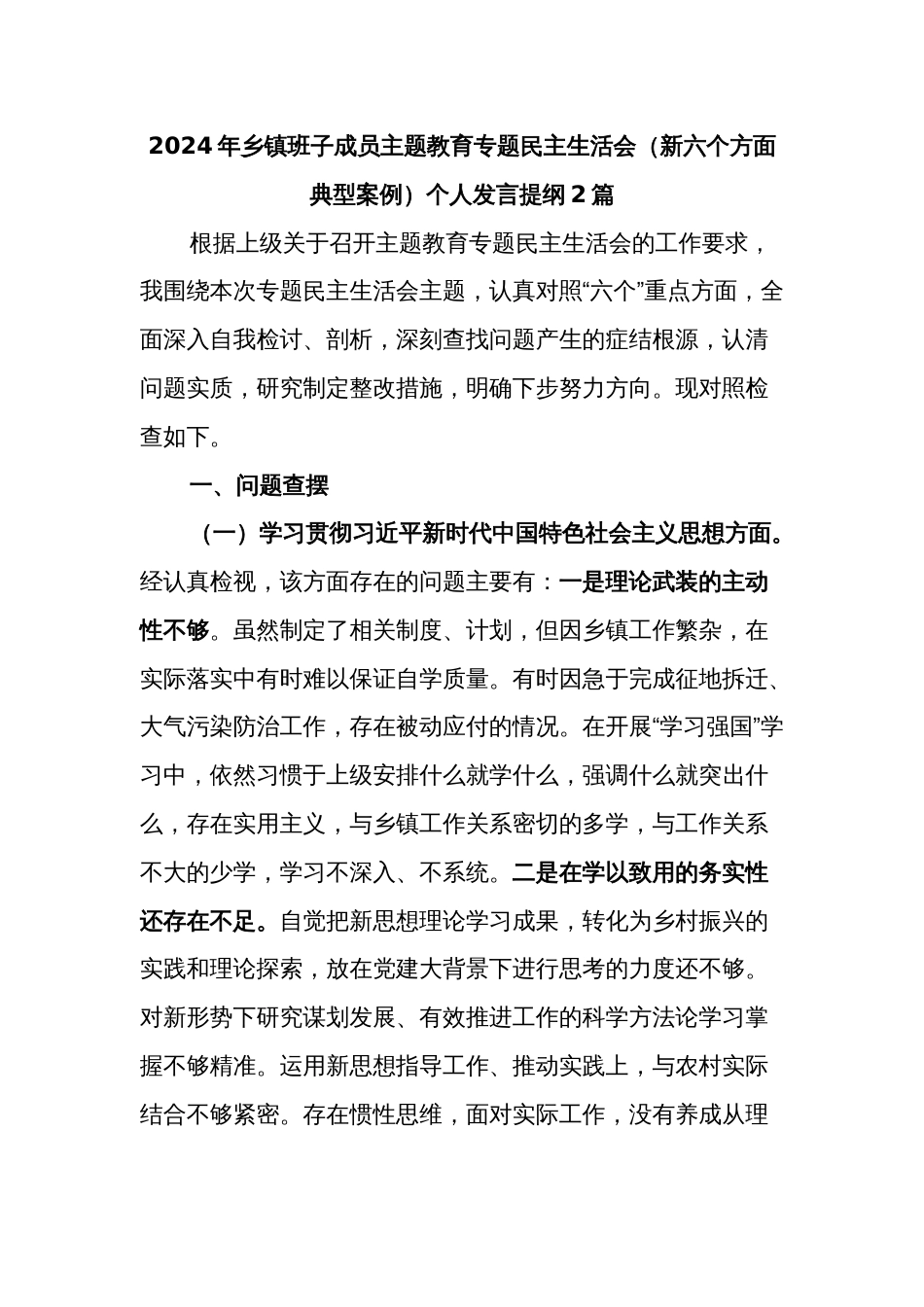 2024年乡镇班子成员主题教育专题民主生活会（新六个方面 典型案例）个人发言提纲2篇_第1页