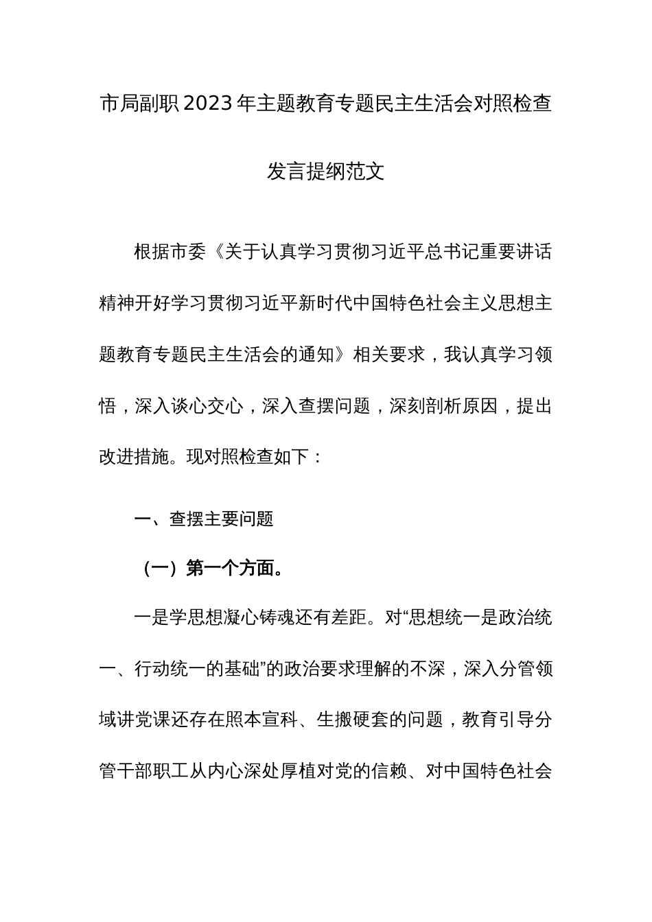 市局副职2023年主题教育专题民主生活会对照检查发言提纲范文_第1页