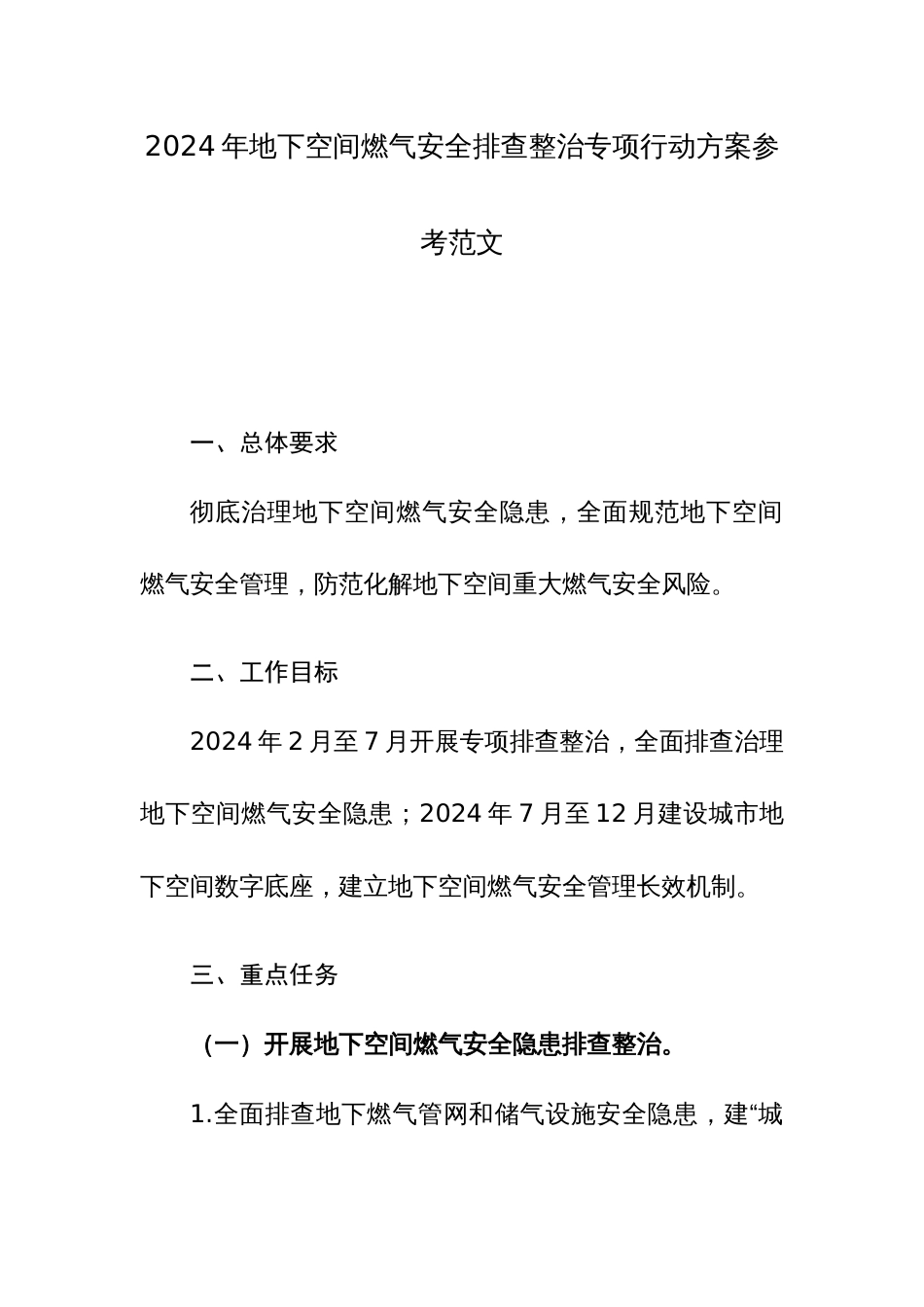 2024年地下空间燃气安全排查整治专项行动方案参考范文_第1页