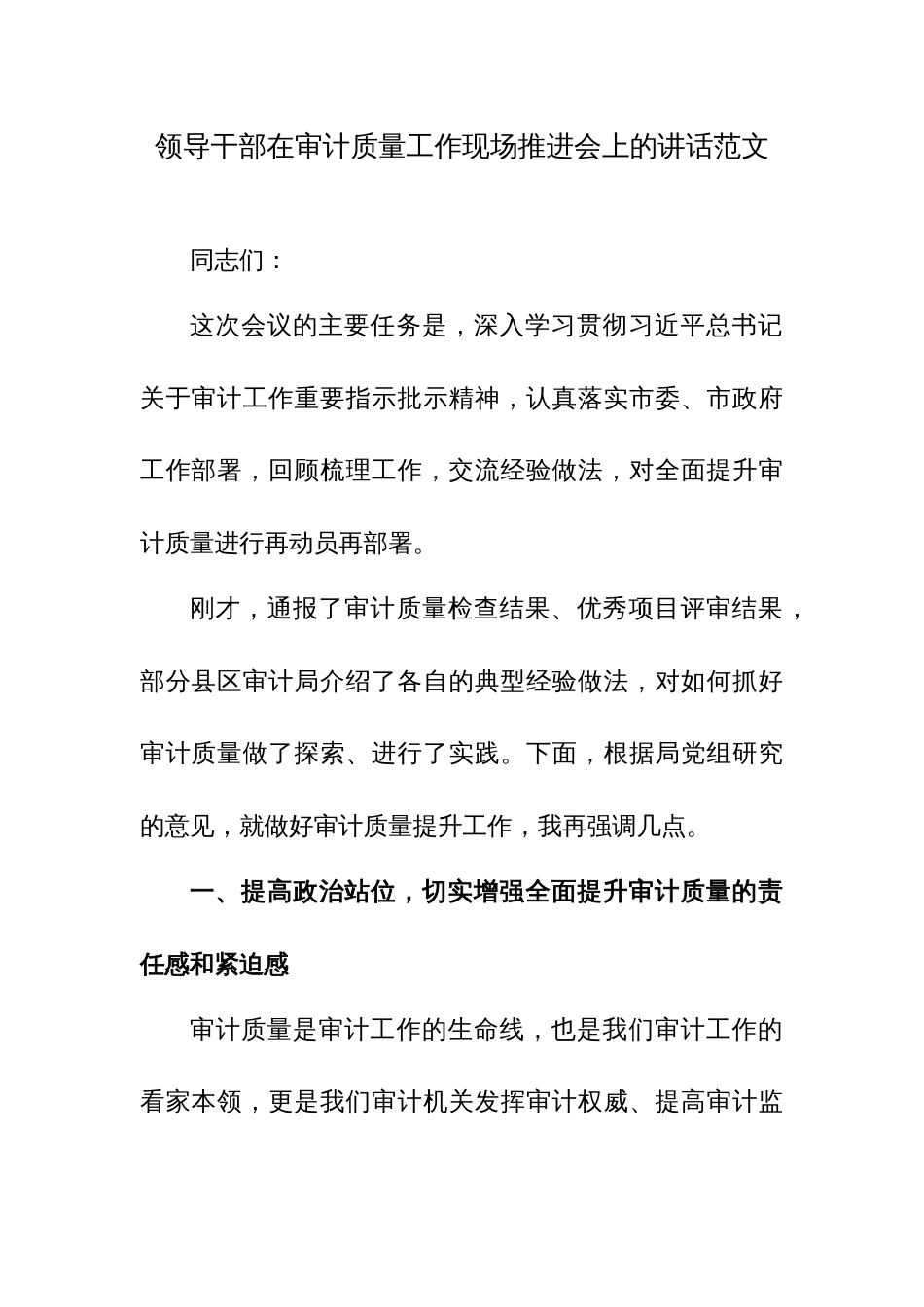领导干部在审计质量工作现场推进会上的讲话范文_第1页