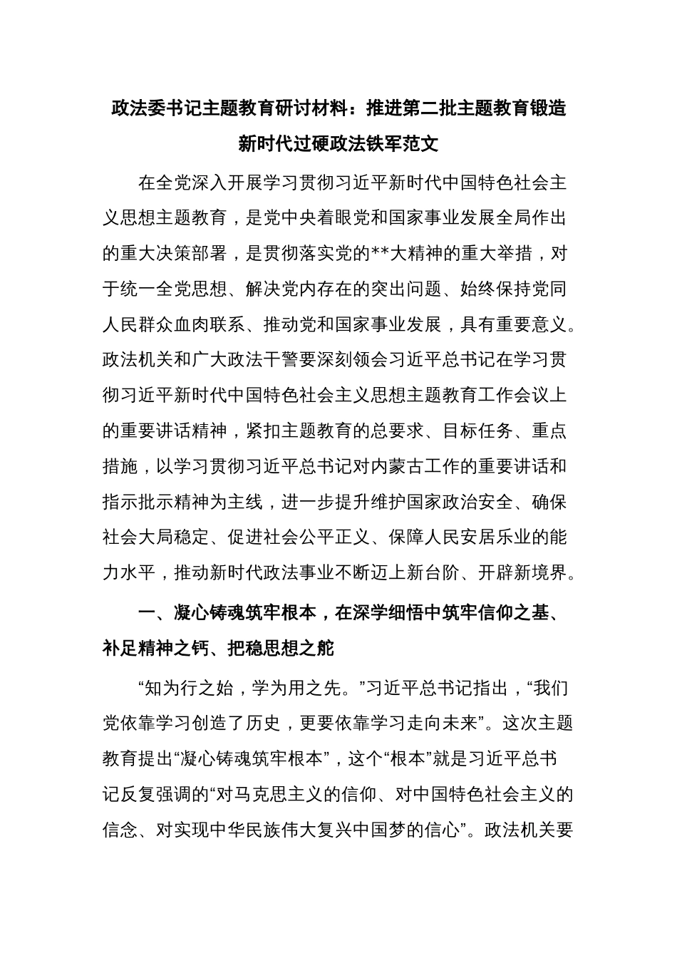 政法委书记主题教育研讨材料：推进第二批主题教育锻造新时代过硬政法铁军范文_第1页