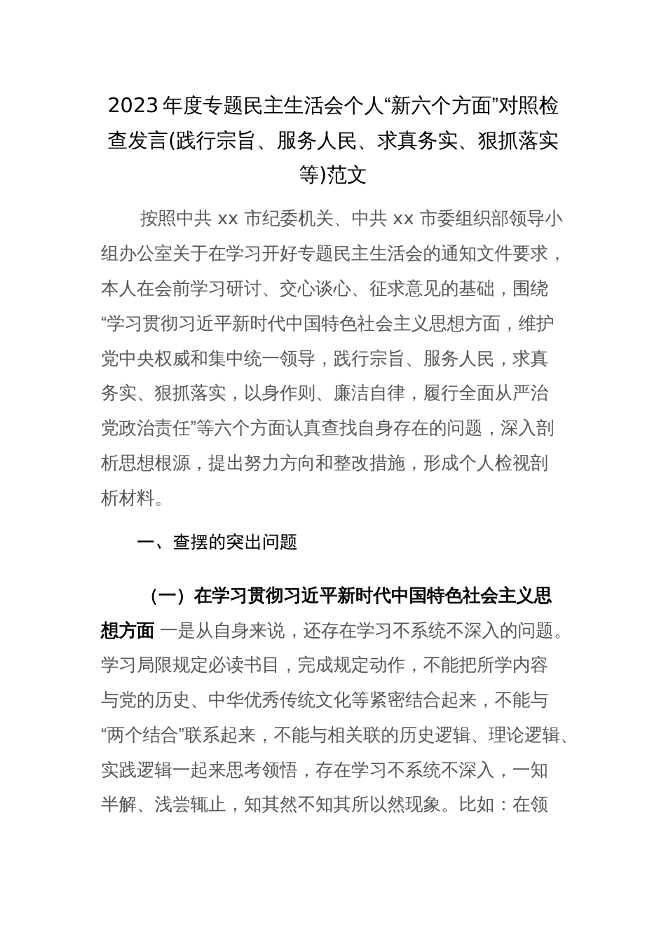 2023年度专题个人“新六个方面”对照检查发言(践行宗旨、服务人民、求真务实、狠抓落实等)范文_第1页