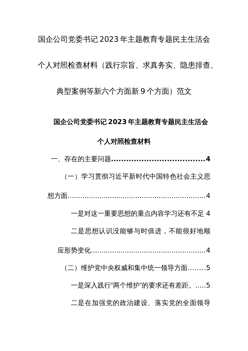 国企公司党委书记2023年主题教育专题民主生活会个人对照检查材料（践行宗旨、求真务实、隐患排查、典型案例等新六个方面新9个方面）范文_第1页