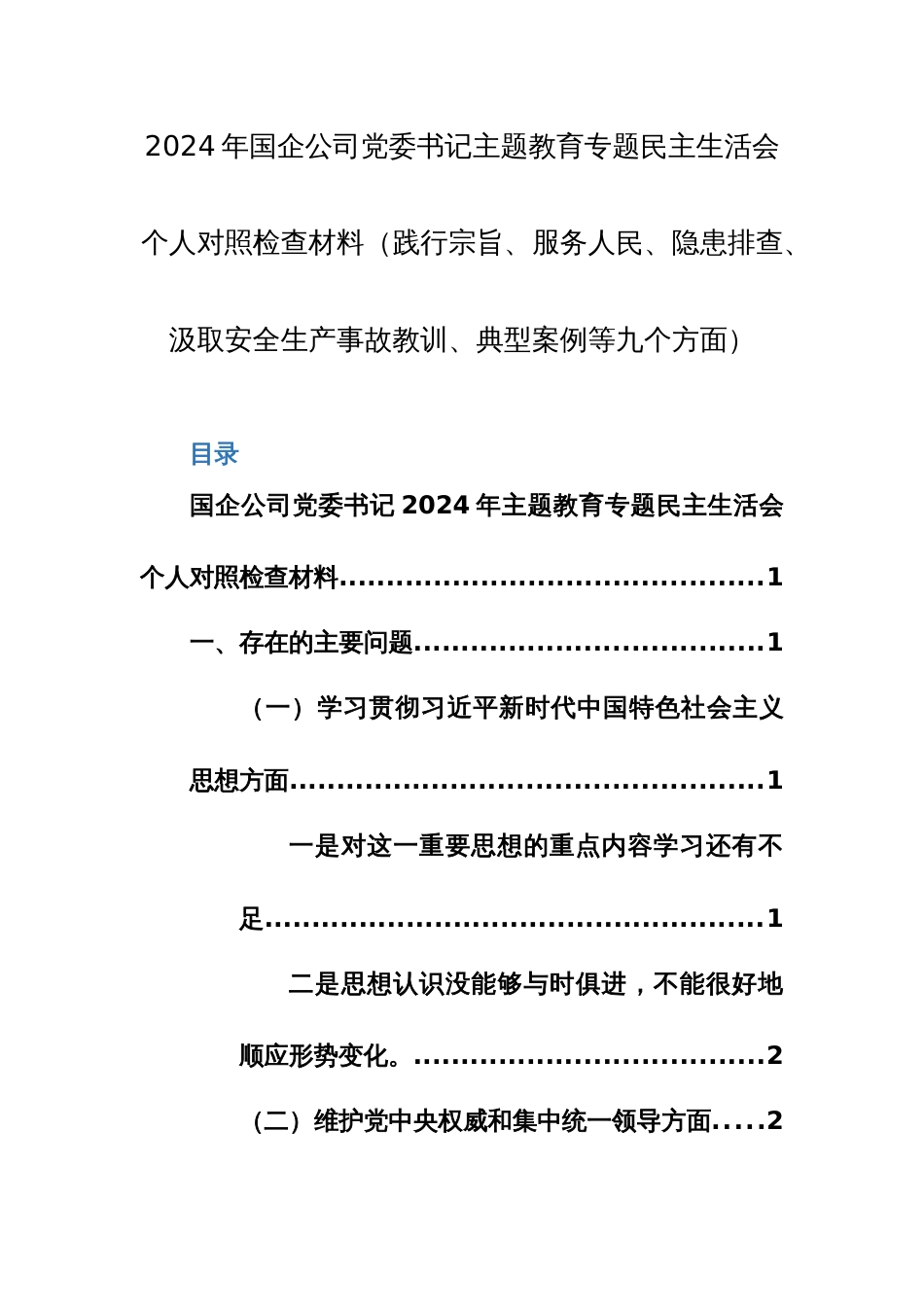 2024年国企公司党委书记主题教育专题生活会个人对照检查材料（践行宗旨、服务人民、隐患排查、汲取安全生产事故教训、典型案例等九个方面）_第1页