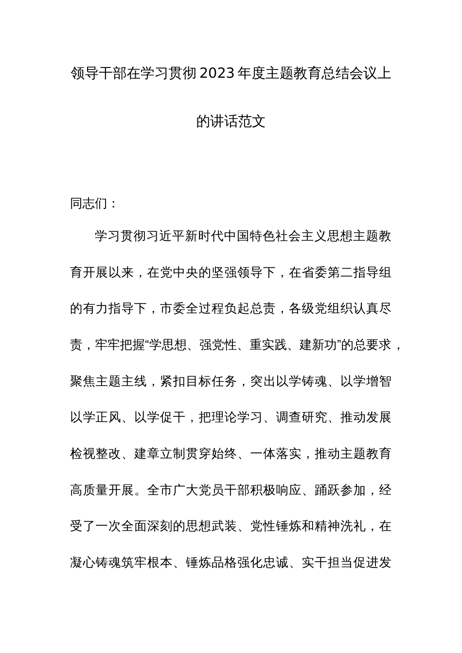 领导干部在学习贯彻2023年度主题教育总结会议上的讲话范文_第1页