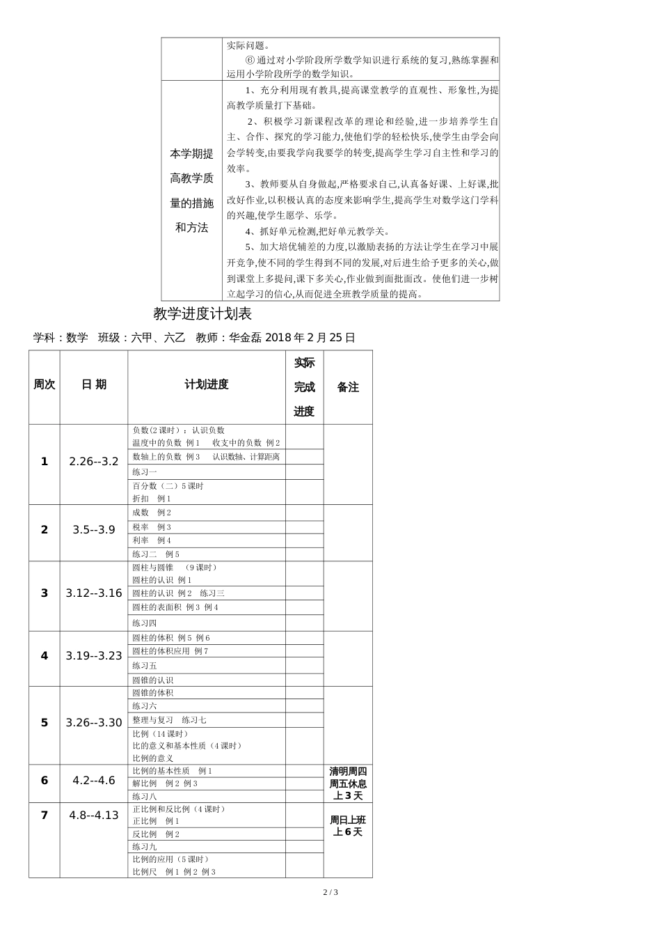 最新人教版小学六年级下册数学教学计划[共4页]_第2页